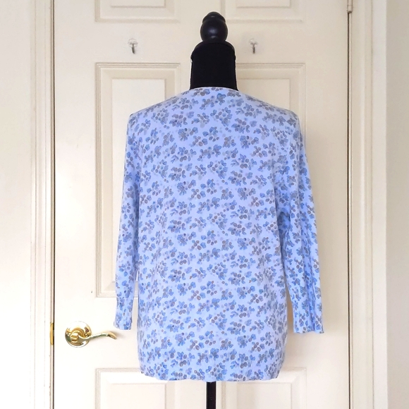 NWOT. Caslon Blue Floral Cardigan Sweater with front Ribbon Design & 3/4 Sleeve. - Picture 2 of 4